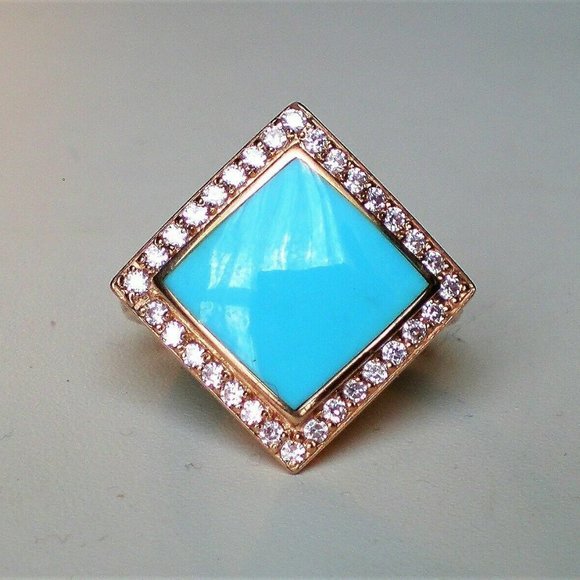 Russian 14K 585 Rose Pink Gold Turquoise Blue Enamel Clear White Stones Ring